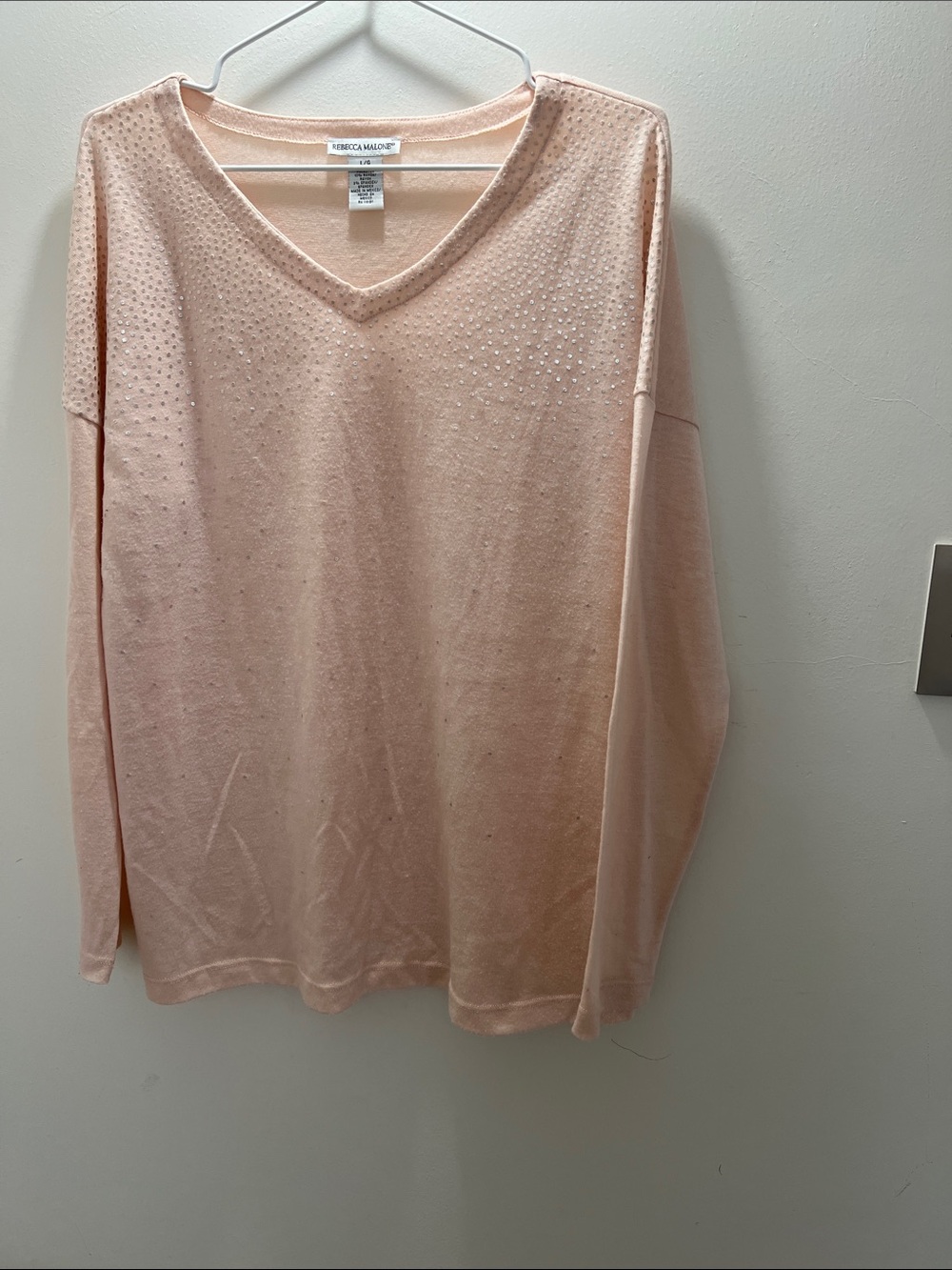 Rebecca Malone Pale Pink V-Neck Rhinestone Detail Sweater